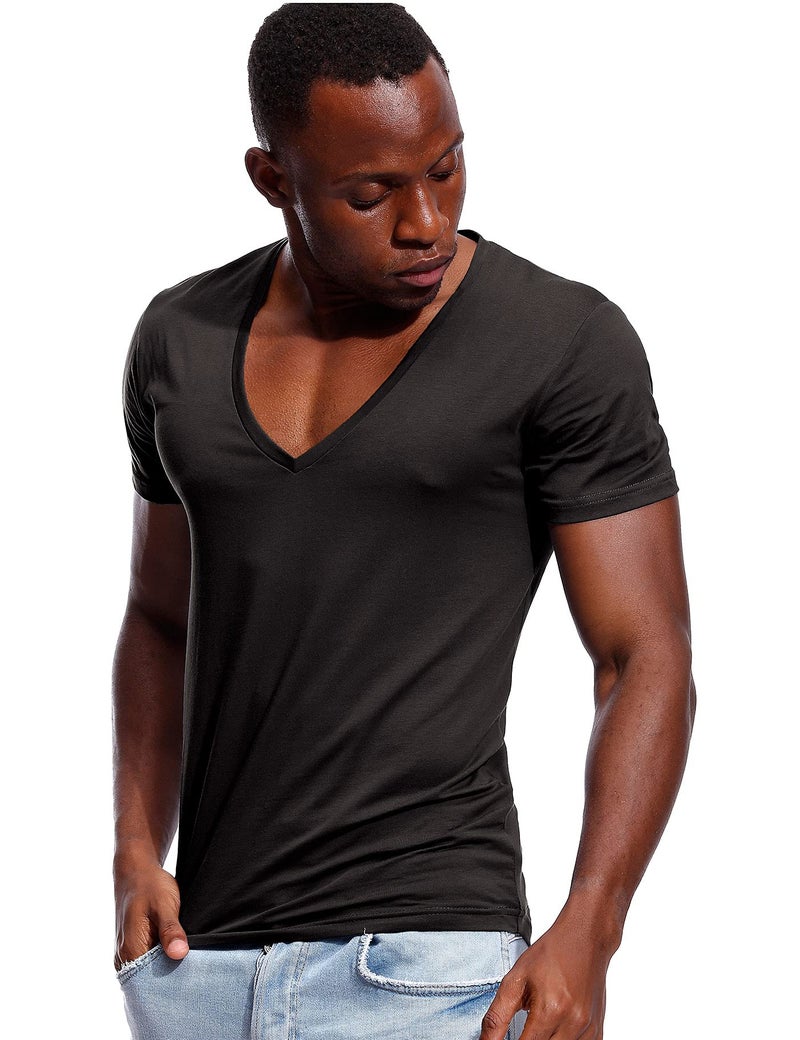 Zbrandy Deep V Neck T Shirt for Men Low Cut Vneck Tee Invisible Tshirt Vee Top Black S - Image 3